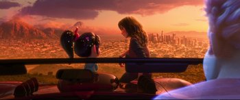 Movie still from “Ralph Breaks the Internet” (2018), directed by Rich Moore – A woman sitting on the hood of a car next to a small child; Wide shot, Over the shoulder angle