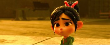 Movie still from “Ralph Breaks the Internet” (2018), directed by Rich Moore – A cartoon character's face; Close Up shot, Over the shoulder angle