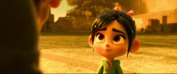 Movie still from “Ralph Breaks the Internet” (2018), directed by Rich Moore – A cartoon character's face; Close Up shot, Over the shoulder angle