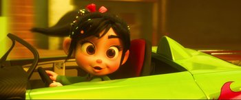 Movie still from “Ralph Breaks the Internet” (2018), directed by Rich Moore – The head of vanellope von schtroumpf; Close Up shot, High angle