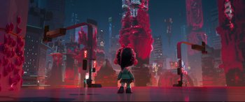 Movie still from “Ralph Breaks the Internet” (2018), directed by Rich Moore – A little girl standing in front of a city at night; Extreme Wide shot, Low angle