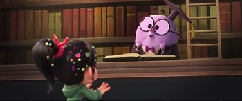 Movie still from “Ralph Breaks the Internet” (2018), directed by Rich Moore – A purple character is sitting in front of another character; Medium shot, Over the shoulder angle