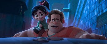 Movie still from “Ralph Breaks the Internet” (2018), directed by Rich Moore – A couple of people that are in a room together; Medium shot, Over the shoulder angle