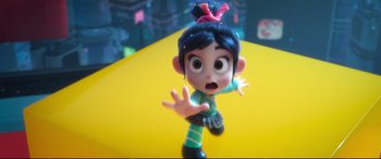 Movie still from “Ralph Breaks the Internet” (2018), directed by Rich Moore – A small toy character is standing on a yellow table; Close Up shot, High angle