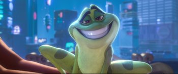 Movie still from “Ralph Breaks the Internet” (2018), directed by Rich Moore – A frog smiling for the camera; Close Up shot, Over the shoulder angle
