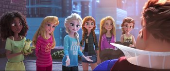 Movie still from “Ralph Breaks the Internet” (2018), directed by Rich Moore – A group of young women standing next to each other; Medium shot, Over the shoulder angle