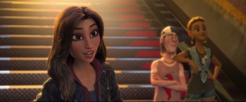 Movie still from “Ralph Breaks the Internet” (2018), directed by Rich Moore – A woman standing next to another woman on some stairs; Close Up shot, Over the shoulder angle