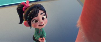 Movie still from “Ralph Breaks the Internet” (2018), directed by Rich Moore – A cartoon character with long black hair; Close Up shot, Over the shoulder angle