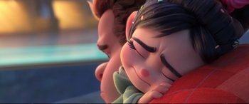 Movie still from “Ralph Breaks the Internet” (2018), directed by Rich Moore – A person sleeping with a stuffed animal; Close Up shot, Over the shoulder angle