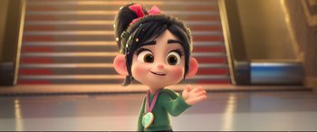 Movie still from “Ralph Breaks the Internet” (2018), directed by Rich Moore – A cartoon character is waving to the camera; Close Up shot, Over the shoulder angle