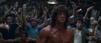 Movie still from “Rambo III” (1988), directed by Peter MacDonald – Sylvester stallone in a scene from the movie ' rambo; Medium shot, Low angle