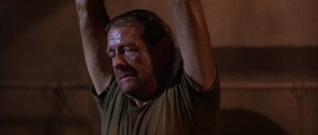 Movie still from “Rambo III” (1988), directed by Peter MacDonald – A person holding his arms up; Close Up shot, Low angle