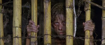 Movie still from “Rambo: First Blood Part II” (1985), directed by George P. Cosmatos – A man in a jail cell behind a barbed wire fence; Close Up shot, Low angle