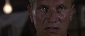 Movie still from “Rambo: First Blood Part II” (1985), directed by George P. Cosmatos – A man's face with blue eyes; Close Up shot, Low angle