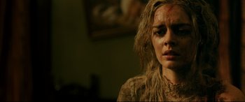 Movie still from “Ready or Not” (2019), directed by Matt Bettinelli-Olpin – A person wearing makeup; Close Up shot, Low angle