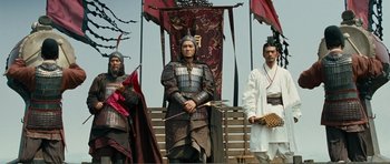 Movie still from “Red Cliff” (2008), directed by John Woo – A group of men dressed in ancient chinese clothing; Wide shot, Low angle