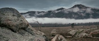 Movie still from “Red Hill” (2010), directed by Patrick Hughes – A lone tree in a field with mountains in the background; Extreme Wide shot, High angle