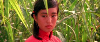Movie still from “Red Sorghum” (1988), directed by Yimou Zhang – A young girl in a red dress in the grass; Close Up shot, High angle