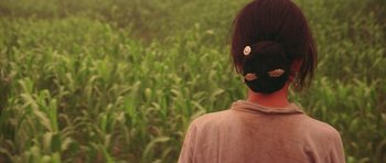 Movie still from “Red Sorghum” (1988), directed by Yimou Zhang – A person with a bun and a hair clip in a field; Close Up shot, Over the shoulder angle