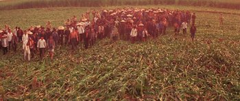 Movie still from “Red Sorghum” (1988), directed by Yimou Zhang – A group of people standing in the middle of a field; Extreme Wide shot, High angle