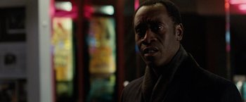 Movie still from “Reign Over Me” (2007), directed by Mike Binder – A person wearing a jacket; Close Up shot, Over the shoulder angle