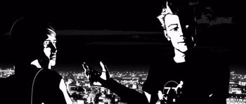 Movie still from “Renaissance” (2006), directed by Christian Volckman – A man holding a cell phone up to his ear; Close Up shot, Low angle