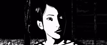 Movie still from “Renaissance” (2006), directed by Christian Volckman – A black and white image of a woman's face; Close Up shot, Low angle