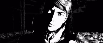 Movie still from “Renaissance” (2006), directed by Christian Volckman – A black and white image of a woman's face; Extreme Close Up shot, Low angle