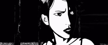 Movie still from “Renaissance” (2006), directed by Christian Volckman – A black and white image of a woman's face; Close Up shot, Low angle