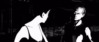 Movie still from “Renaissance” (2006), directed by Christian Volckman – A black - and - white image of a man and a woman; Medium shot, Over the shoulder angle