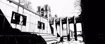 Movie still from “Renaissance” (2006), directed by Christian Volckman – A black - and - white drawing of a bridge and a building; Extreme Wide shot, Low angle