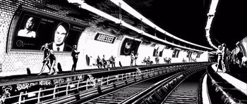 Movie still from “Renaissance” (2006), directed by Christian Volckman – A black - and - white photo of people sitting on a train platform; Extreme Wide shot, Low angle