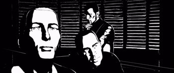 Movie still from “Renaissance” (2006), directed by Christian Volckman – A black - and - white photo of a man and a woman; Close Up shot, Low angle