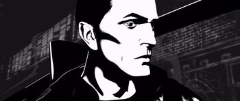 Movie still from “Renaissance” (2006), directed by Christian Volckman – A black and white image of a man's face; Close Up shot, Low angle