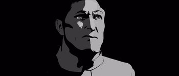 Movie still from “Renaissance” (2006), directed by Christian Volckman – A black and white image of a man with a tear in his eye; Close Up shot, Low angle