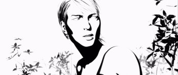 Movie still from “Renaissance” (2006), directed by Christian Volckman – A black and white image of a woman with long hair; Extreme Close Up shot, Low angle