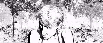 Movie still from “Renaissance” (2006), directed by Christian Volckman – A black and white image of a woman with short blonde hair; Close Up shot, Low angle