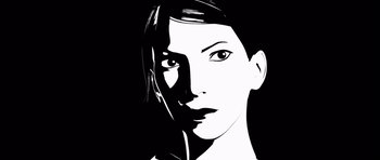 Movie still from “Renaissance” (2006), directed by Christian Volckman – A black and white image of a woman's face; Close Up shot, Overhead angle