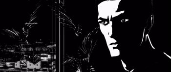 Movie still from “Renaissance” (2006), directed by Christian Volckman – A black and white image of a man's face; Close Up shot, Low angle