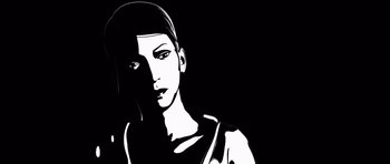 Movie still from “Renaissance” (2006), directed by Christian Volckman – A black - and - white image of a woman's face; Close Up shot, Low angle