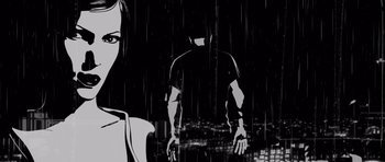 Movie still from “Renaissance” (2006), directed by Christian Volckman – A black and white image of a man and a woman in the rain; Close Up shot, Low angle