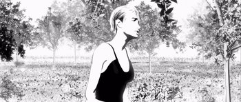 Movie still from “Renaissance” (2006), directed by Christian Volckman – Black and white drawing of a woman in a field; Close Up shot, Low angle