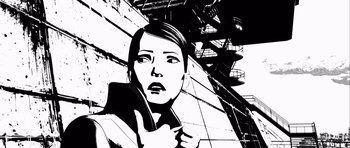 Movie still from “Renaissance” (2006), directed by Christian Volckman – A black and white image of a woman holding a purse; Close Up shot, Low angle