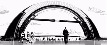 Movie still from “Renaissance” (2006), directed by Christian Volckman – A black - and - white photo of a man standing in front of a clock; Extreme Wide shot, Low angle