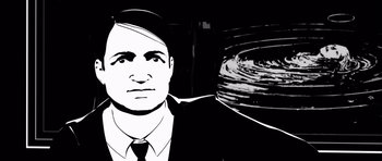 Movie still from “Renaissance” (2006), directed by Christian Volckman – A black and white image of a man in a suit and tie; Close Up shot, Overhead angle