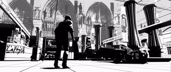 Movie still from “Renaissance” (2006), directed by Christian Volckman – A man standing on the sidewalk in front of a building; Wide shot, Low angle