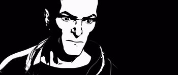 Movie still from “Renaissance” (2006), directed by Christian Volckman – A black and white drawing of a man with a smirk on his face; Close Up shot, Low angle