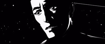 Movie still from “Renaissance” (2006), directed by Christian Volckman – A black and white image of a man's face; Close Up shot, Low angle