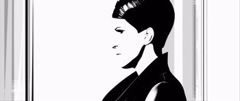 Movie still from “Renaissance” (2006), directed by Christian Volckman – A black and white image of a woman's face; Close Up shot, Low angle