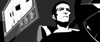 Movie still from “Renaissance” (2006), directed by Christian Volckman – A black and white image of a man looking up; Close Up shot, Low angle